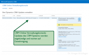 CRM online Verwaltungskonsole mit Nachricht über anstehende Updates