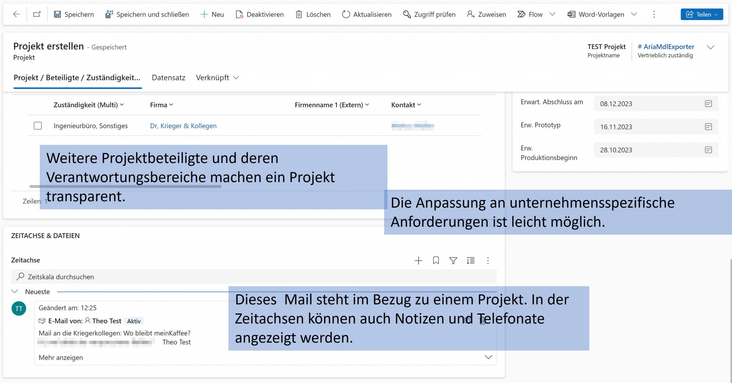 Projekttabelle im Kriegerkollegen Standard mit Mails aus Outlook.